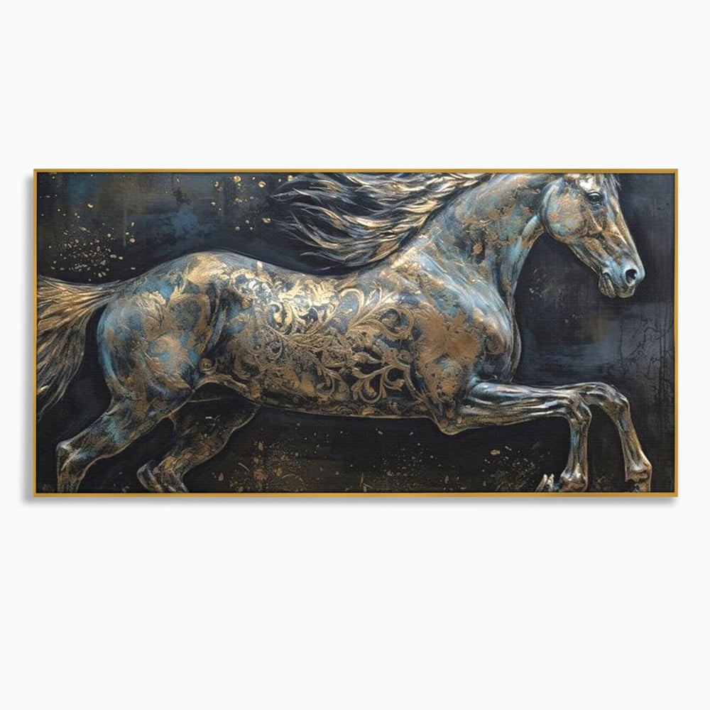Tablou canvas cu tablou canvas cu armasar in galop, in rama de aluminiu auriu